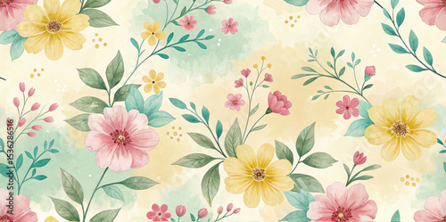 Wallpaper Mural Floral watercolor background with yellow and pink flowers on pastel tea shades Torontodigital.ca