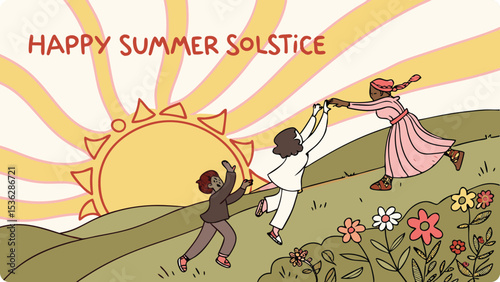 Illustration of happy children celebrate the summer solstice together near a bright sun and flowers