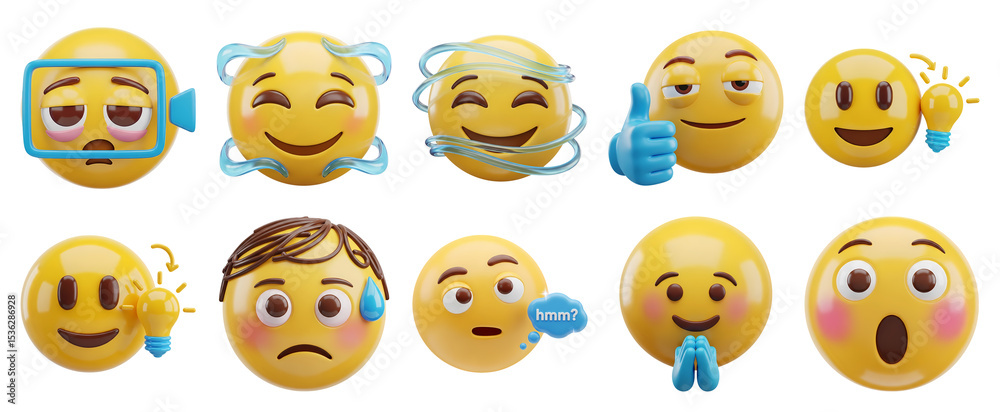 Obraz premium A set of 3D emoji characters showing positive emotions and reactions like star struck thumbs up laughing and money mouth smiley faces