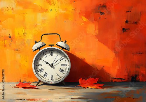 Vintage Alarm Clock with Autumn Leaves Against Vibrant Orange Background

