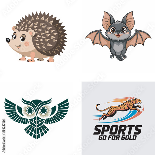 Adorable hedgehog bat owl and cheetah sports logos with vector graphics ideal for various childrens designs and branding projects photo