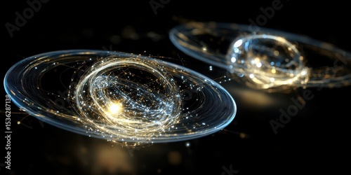 Abstract Glowing Rings with Light Trails on Black Background Futuristic Technology Concept