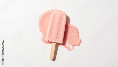 Pink popsicle melting on white surface with a wooden stick  