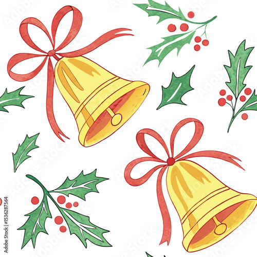 Christmas Bells and Holly Pattern - Festive Holiday Seamless Design