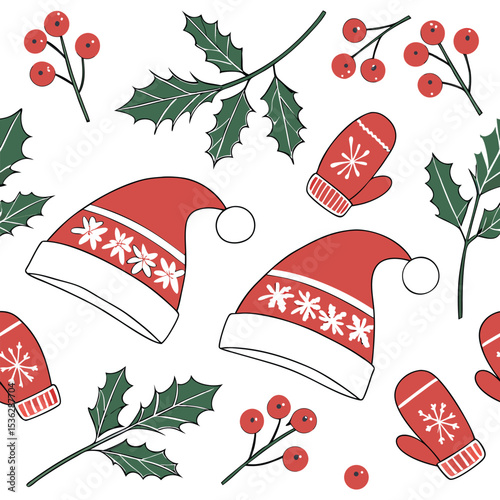 Christmas Holiday Pattern - Santa Hats, Mittens, Holly, and Berries