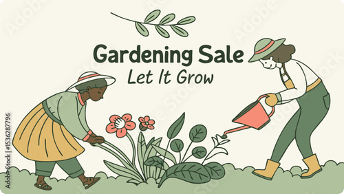 Illustration of two women tending to plants during a gardening sale, promoting growth with the slogan let it grow