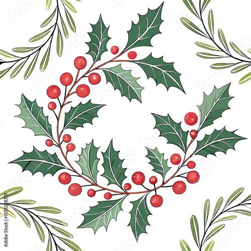 Hand-Drawn Holly Berries and Leaves - Holiday Wreath Illustration
