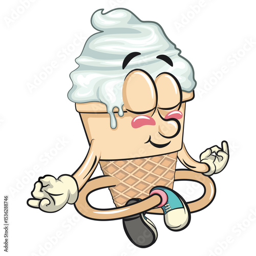 cute ice cream cone mascot cartoon vector character with waffle cone and vanilla topping meditating, fun citrus character vector for summer, work of hand drawn