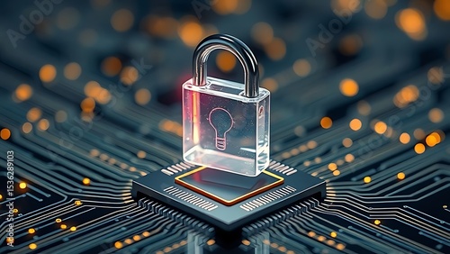Crystal Lock with Lightbulb Icon on Circuit Board: Symbolizing Digital Security Innovation, Data Protection Solutions, Intellectual Property Safeguards, and Secure Technology Development