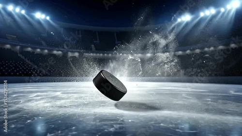 A hockey puck splashes on ice during an intense game in a packed arena, showcasing action