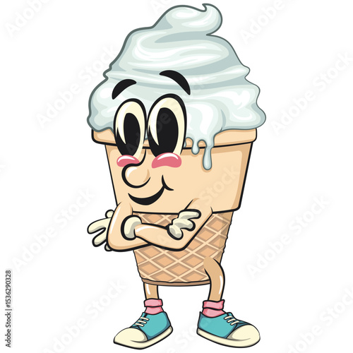 cute ice cream cone mascot cartoon vector character with waffle cone and vanilla topping folding his arms calmly, work of hand drawn