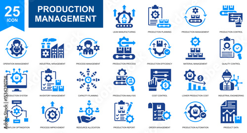 Production Management and Production Manufacturing icon set collection. Simple glyph color vector