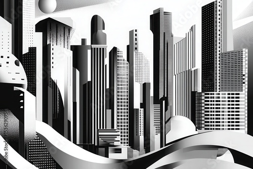 Monochrome Abstract Cityscape with Geometric Shapes and Modern Architecture Illustration