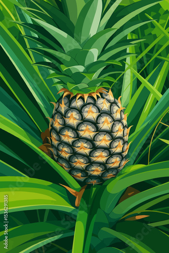 This is a digital illustration of a ripe pineapple growing in its natural setting, surrounded by long, pointed green leaves. The pineapple is depicted in great detail, showcasing its characteristic