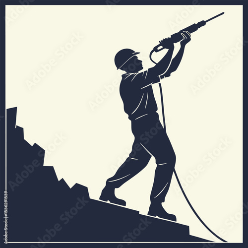 Silhouette of a construction worker operating a jackhammer — powerful vector illustration symbolizing labor, industry, demolition, and roadwork scenes.