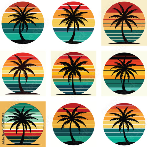 Tropical palm tree vector icons: beach sunset island paradise illustration for your summer travel and vacation design