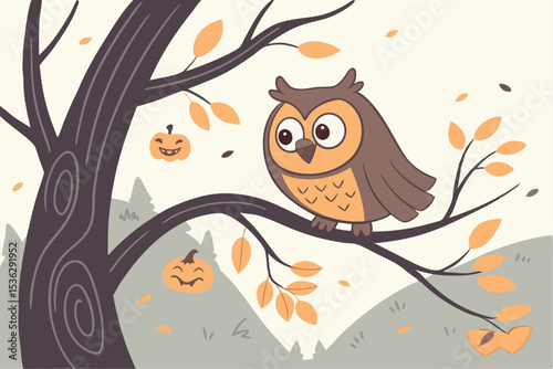 Happy Halloween with Owl holding on tree branch, Vector Illustration