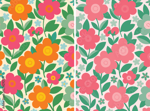 Set of two seamless retro floral patterns in a 1960s Mod style. Includes a bright multicolor version & a soft pink/green version. Cheerful, graphic design for kids, fabric & decor