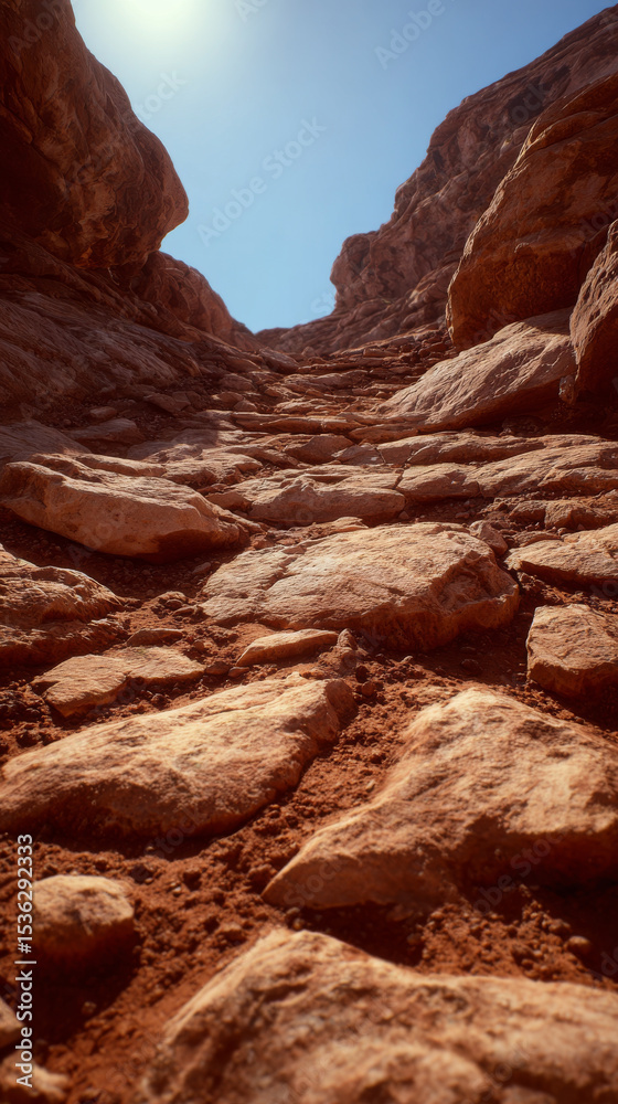 Fototapeta premium Low angle shot of rocky canyon path with smooth stones and warm colors, evoking sense of adventure and exploration