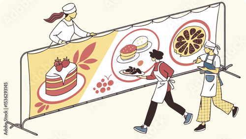 Illustration of two chefs prepare a banner showcasing delicious cakes pastries and fruit