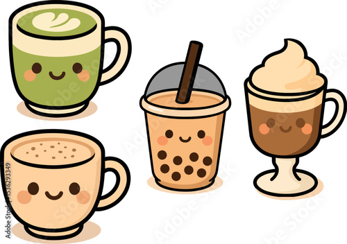 PrintSet of cute kawaii drink characters. Includes bubble tea, matcha latte, coffee, and frappuccino. Vector icon collection.