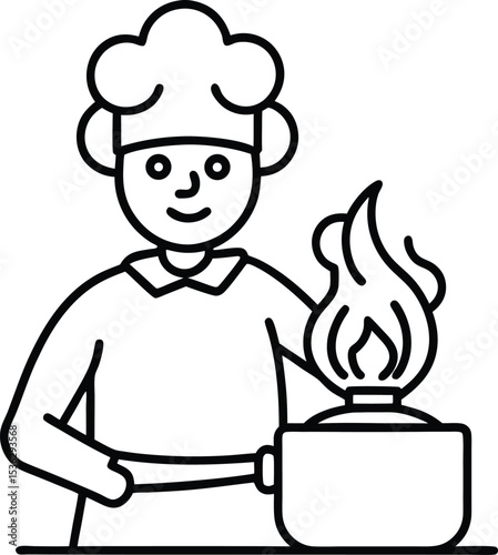 Cooking Stove Person Outline Vector.