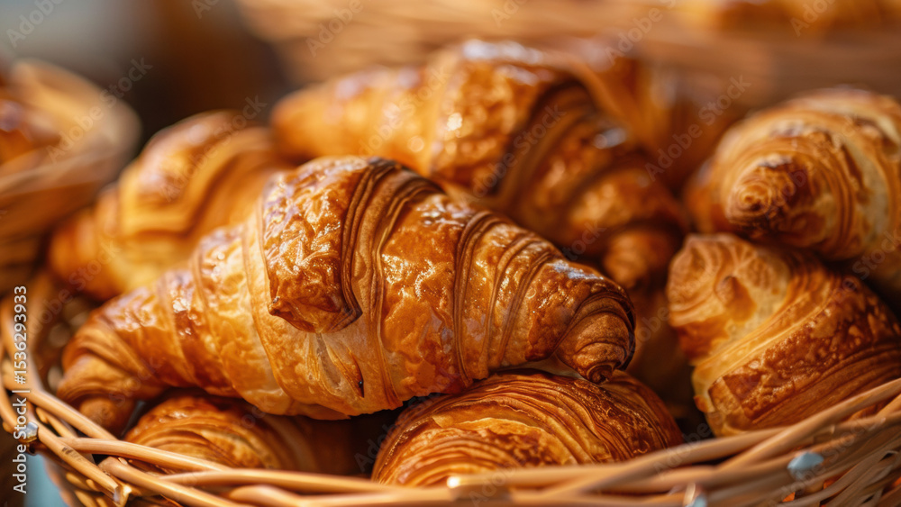Fresh baked croissants in basket with warm natural lighting Fresh baked croissants in basket with warm natural lighting