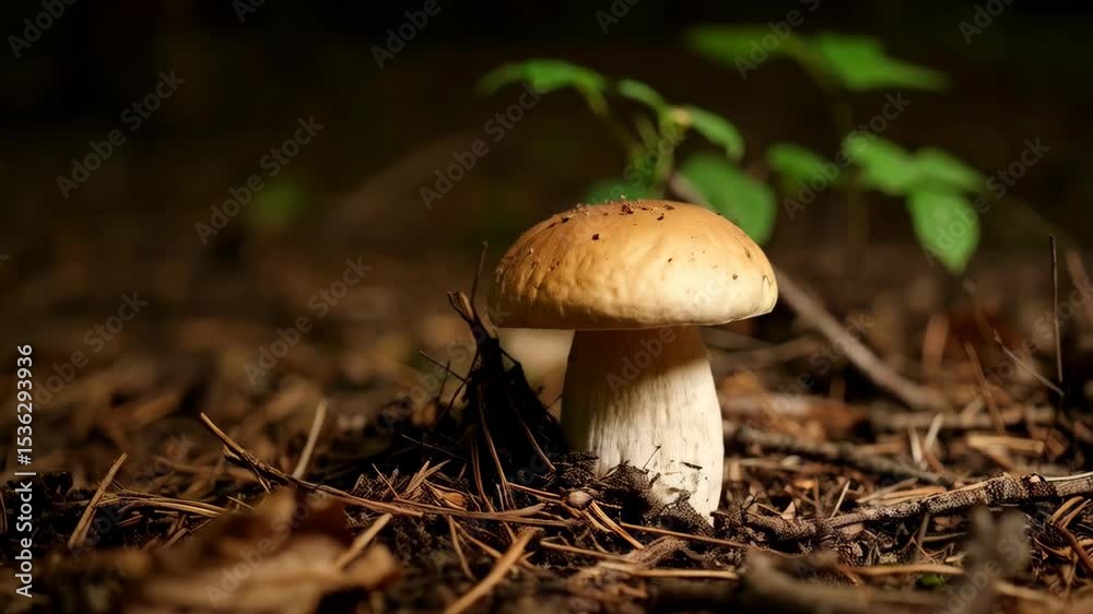 Solitary porcini mushroom with light brown cap and thick white stem growing in a dark forest floor covered in pine needles and greenery. Solitary porcini mushroom with light brown cap and thick white stem growing in a dark forest floor covered in pine needles and greenery.