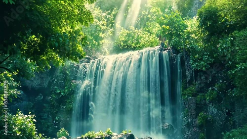 Majestic waterfall cascading through a serene forest in vibrant anime fantasy style, waterfall in forest background, anime fantasy style beautiful nature video