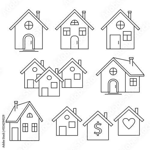 Set of minimalistic line art house icons, transparent vector illustrations, Real Estate and home symbol collection