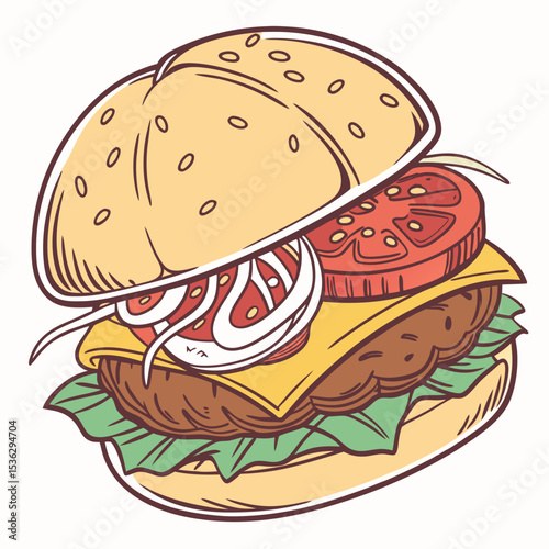 Delicious cartoon burger with beef patty, cheese, tomato, onions, and lettuce on a white background copy space