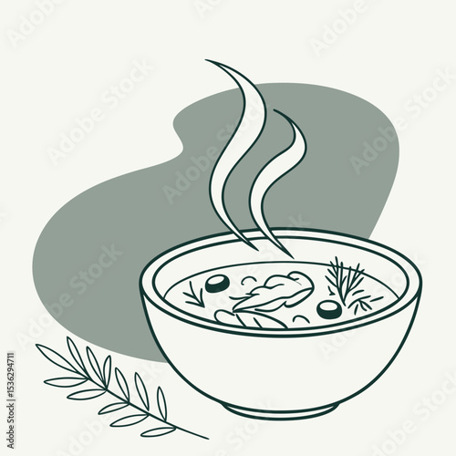 Hot soup bowl with steam and herbs on a light background copy space