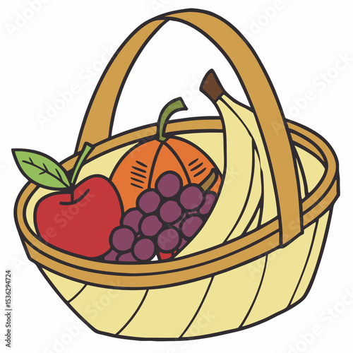 Colorful fruit basket with apples, bananas, grapes, and pumpkin on a white background copy space