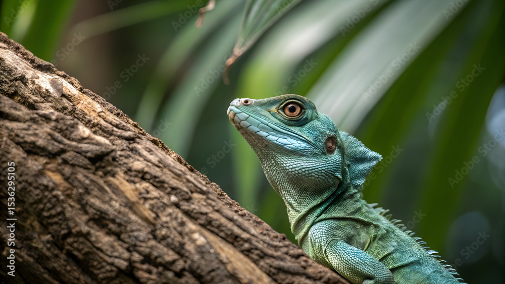 Fototapeta premium Vibrant Green Basilisk Lizard Resting on Tree Branch in Tropical Jungle – Wildlife Reptile Close-Up