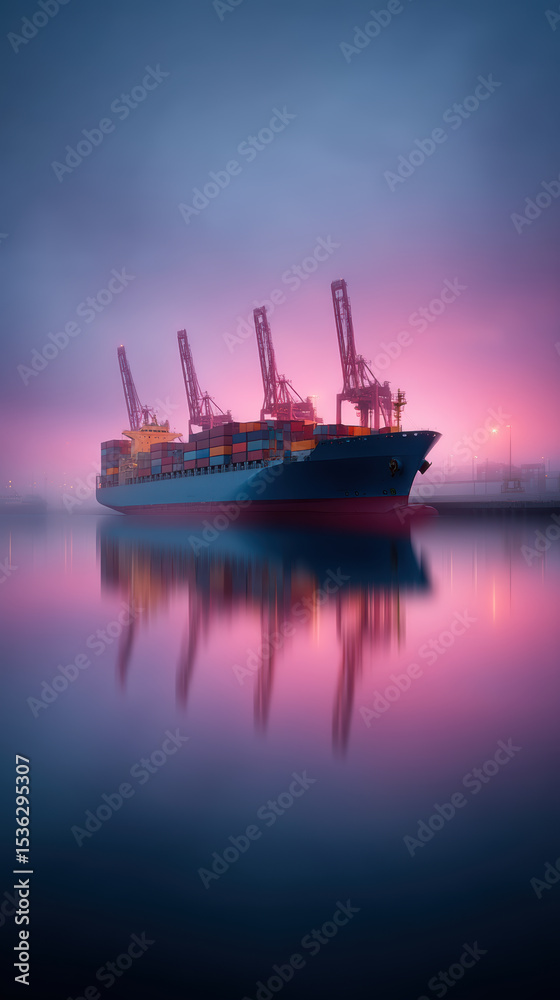 Fototapeta premium Cargo ship with cranes is reflected in calm water under vibrant pink and blue sky, creating serene atmosphere