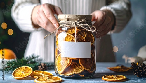 Hands Placing Dried Orange Slices in Jar for Simple Gifting
