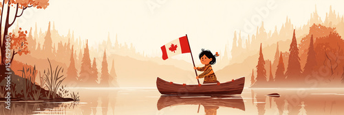 Calm woman holds a Canada flag while boating under Canada Day sky