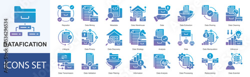 Datafication icon set vector Solid Gradient Style repositor, data mining, metadata, data warehouse, data, data extraction, data sharing, data cleaning, lifecycle, data privacy, data discovery