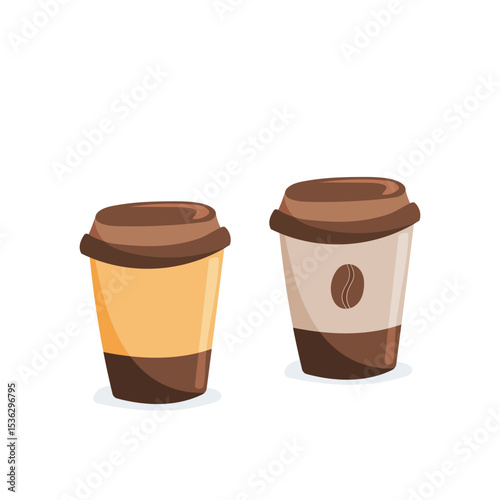 Two vector coffee to go cups with lids in brown and beige tones. Suitable for menus, beverage packaging, logos, stickers and coffee themed projects
