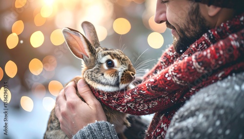 Man with Scarf Gently Places Scarf Around Rabbit's Neck in Snow