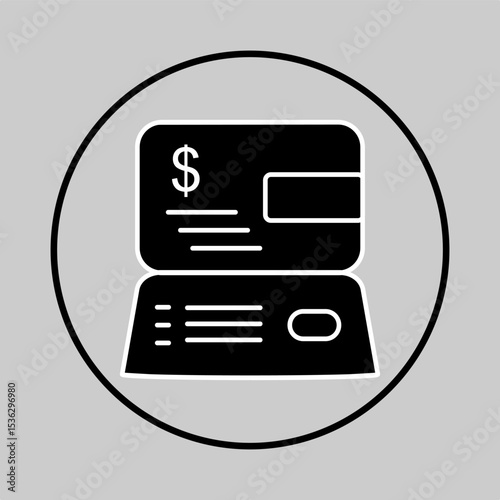 Dark outlined icon of check and pen for writing payment info.