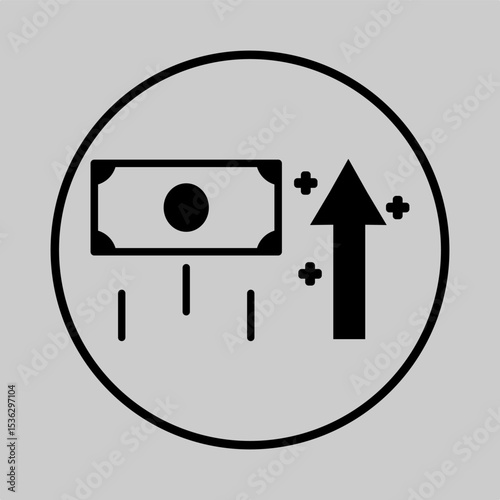 Outlined money icon and arrow representing increased income.