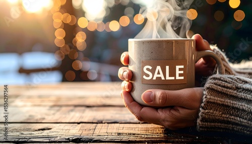 Hands Holding Steaming Mug with Sale Sticker on Rustic Table