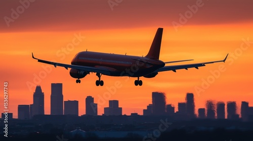 Sky High Departure: Airplane Taking Off from International Gateway over Urban Skyline at Golden Hour with Copy Space for Text