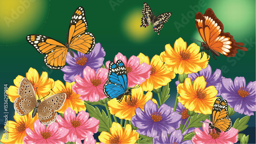 Vibrant Butterflies Among Colorful Blossoms