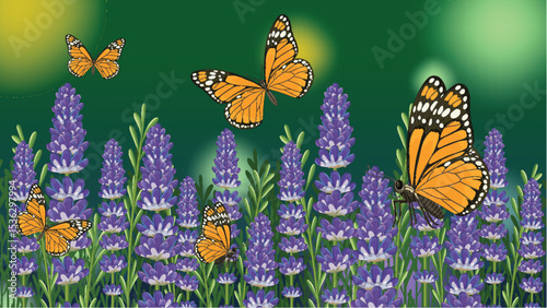 Monarch Butterflies Among Lavender Blooms