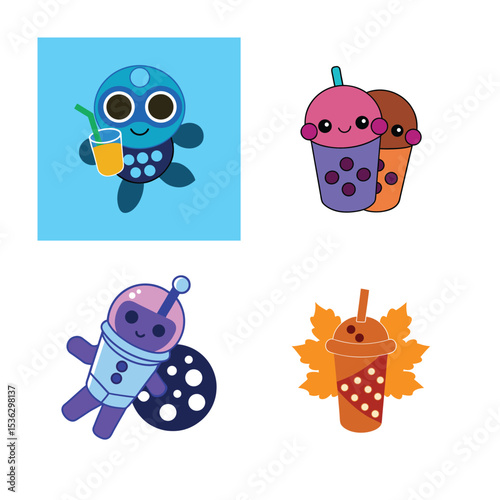 cute kawaii bubble tea vector illustration set.