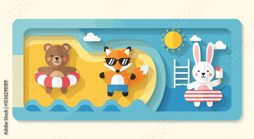 Summer Fun at the Pool Animated Animals Illustration with Bear Fox and Rabbit