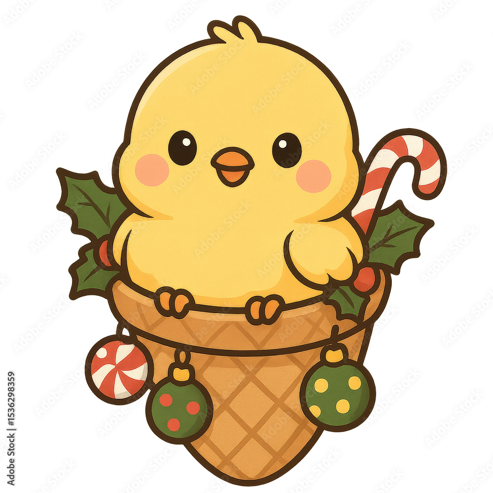 Naklejka premium Yellow chick standing with candy canes, jingle bells and holly branches in joyful holiday composition, Watercolor Illustration..