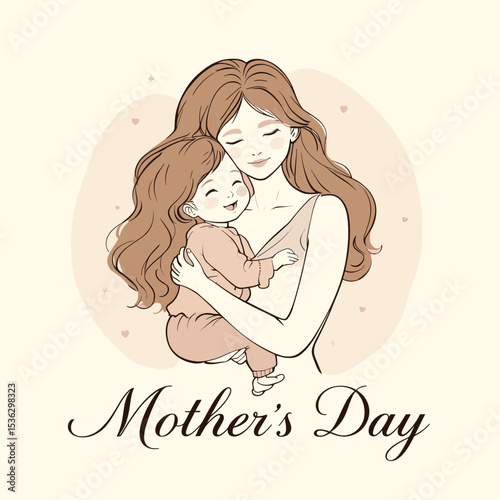 Tender Mother's Day Embrace: Loving Mother and Daughter Illustration